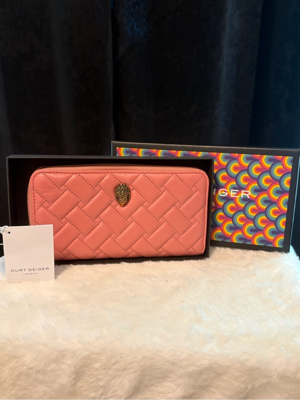 Kurt Geiger Coral Quilted Zip-Around Wallet with Gold Tone Hardware